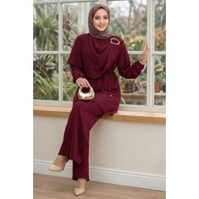 Hafsa Mina Yandan Tokalı Pantolonlu Ayrobin Takım Bordo HM2901