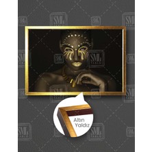 SML Tablo Altın Takılı Afrikalı Kadın Gold Woman Makyaj Yatay Çerçeveli Kanvas Tablo