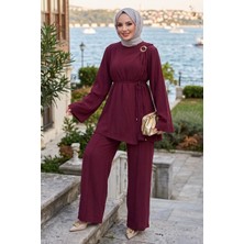 Hafsa Mina Omuzdan Toka Detaylı Modal Takım Bordo HM2919