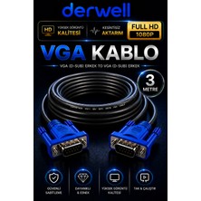 Derwell 3 Metre VGA Kablo Full Hd 1080P Kesintisiz Aktarım D-Sub Erkek To Erkek Altın Uçlu Dayanıklı Monitör Projeksiyon Bilgisayar Ekran Görüntü Aktarıcı Kablosu Çift Vidalı Güvenli Sabitleme