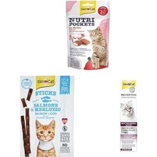 Sayemons Gimcat Nutripockets Kedi Ödülü Biftek Malt, 60 gr & Gimcat Sticks Somon & Atlantik Morina Tahılsız Ödül Çubukları 4'lü 20GR & Gimcat Malt Soft Vitamin Kombinasyonu, 100 G