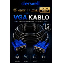 Derwell 15 Metre VGA Kablo Full Hd 1080P Kesintisiz Aktarım D-Sub Erkek To Erkek Altın Uçlu Dayanıklı Monitör Projeksiyon Bilgisayar Ekran Görüntü Aktarıcı Kablosu Çift Vidalı Güvenli Sabitleme