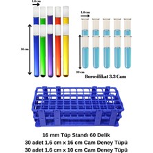Mr. Crowley Tüp Standı 16 mm 60 Delikli + Cam Deney Tüpü 1.6 x 16 cm 30 Adet + Cam Test Tüpü 1.6 x 10 cm 30 Adet