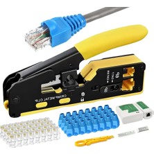 Derwell Yeni 2026 Nesil CAT7/CAT6A/CAT5/CAT6EZ Crimper Pense + 100 Adet Yeni Nesil Delikli RJ45 Jak + RJ45 RJ11 Test Cihazı + 100 Adet Gri Cover Kılıf + 1 Adet Kablo Soyucu Sarı Ethernet Aksesuarları