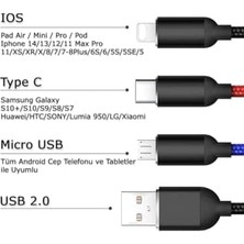 Sayemons Hızlı Şarj ve Data Aktarım Kablosu, 60W - 3A USB A, Type C (Usb C), Micro Usb, Lightning Uyumlu 3 Ü 1 Arada Çoklu Kablo