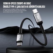 Sayemons Bix BX07CC 100W Hi-Speed 20GBPS 4K 60Hz Örgülü Metalik Başlıklı Type-C Şarj, Data ve Görüntü Kablosu Koyu Gri 1 Metre