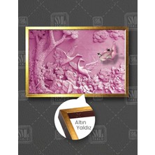 SML Tablo Pembe Mermer Efektli Kuşlar Kabartma Modern Dekoratif Yatay Çerçeveli Kanvas Tablo