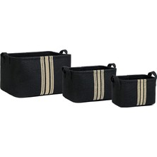 Sayemons 3'lü Çizgili Siyah Renk Jüt Sepet Set 24 x 17 x 14/30 x 21 x 18/42 x 31 x 25 cm