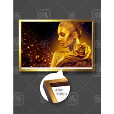 SML Tablo Altın Vücutlu Kadın Manken Kadın Gold Çiçek Woman Yatay Çerçeveli Kanvas Tablo