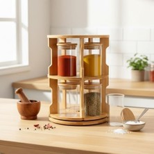 Sayemons Doğal Bambu 360° Döner Standlı 10'lu Cam Baharatlık Seti - Büyük Boy (250 Ml) Ahşap Kapaklı Baharat Takımı