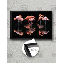 SML Tablo Siyah Gölde Flamingo Sürüsü Doğa Manzara Gece Dark Yatay Çerçeveli Kanvas Tablo