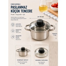 Güzelyüz Avm Cam Kapaklı Mini Paslanmaz Tencere Yükseklik 7cm Iç Genişlik 15CM Sos Süt Aperatif Tencere
