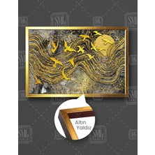 SML Tablo Altın Güvercinler Kuş Doğa Manzara Gold Modern Dekoratif Yatay Çerçeveli Kanvas Tablo