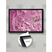 SML Tablo Pembe Mermer Efektli Kuşlar Kabartma Modern Dekoratif Yatay Çerçeveli Kanvas Tablo