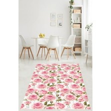 Sayemons Pembe Zeminde Gül Motifli Floral Desenli Yıkanabilir Kaymaz Taban Leke Tutmaz Salon Halısı Yolluk Pnhs9, 100 x 250