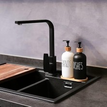Sayemons Modern Banyo ve Mutfak Seti, Siyah ve Beyaz Cam Sabunluk ve Deterjan Şişesi, Bambu Kapaklı ve Standlı, 450ML x 2 Adet, 21.3cm Yükseklik, Hands Dishes
