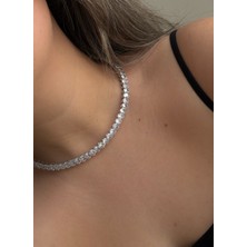 Owentis Çelik Silver Kalp Zirkon Taşlı Yoğun Işıltılı Nancy Choker Kolye -Kararma Yapmaz-