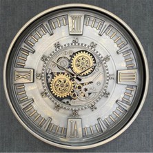 Eos Home 60 cm Metal Çarklı Duvar Saati - Endüstriyel Steampunk Tasarım, Eskitme Gümüş ve Altın
