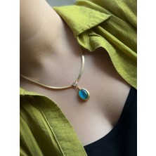 Owentis Çelik Gold Mavi Oval Taşlı Monroe Kolye -Kararma Yapmaz-