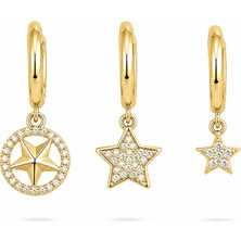 Serelya Pirinç Zirkon Taşlı Yıldız Model Gold Renk 3'lü Çift Kadın Küpe Set