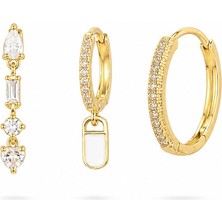 Serelya Pirinç Zirkon Taşlı Sallantılı Model Gold Renk 3'lü Çift Kadın Küpe Set