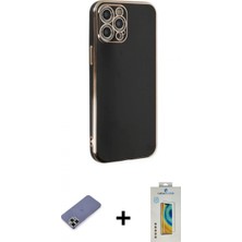 Marsilyan™- iPhone 12 Pro Max Kılıf Yankı Serisi - Siyah Polymer Nano Ekran Koruyucu + Metal Kamera Lens Koruma Cam - Gd