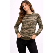 Kamuflaj Desenli 2 Iplik 4 Mevsim Uzun Kollu Bisiklet Yaka Sweatshirt - Kamuflaj