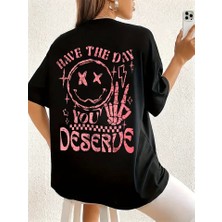 Baskılı Oversize Bisiklet Yaka T-Shirt - Siyah