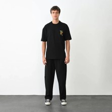 Unisex Bisiklet Yaka Baskılı Oversize T-Shirt - Siyah