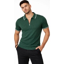 Erkek Fermuarlı Yaka Fitilli Triko Kısa Kollu Regular Fit Tişört T-Shirt - Yeşil
