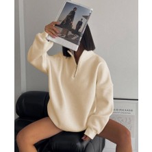 Yarım Fermuarlı Üç Iplik Sweatshirt - Bej