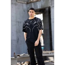 Unisex Bisiklet Yaka Baskılı Oversize T-Shirt - Siyah