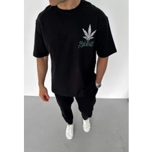 Unisex Bisiklet Yaka Baskılı Oversize T-Shirt - Siyah