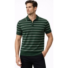 Erkek Triko Polo Yaka Fermuarlı Çizgili Tişört T-Shirt Yazlık Şık - Yeşil