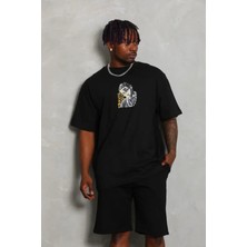 Erkek Baskılı T-Shirt Kısa Kol Bisiklet Yaka Regular Fit Rahat Kalıp Günlük Tişört - Siyah