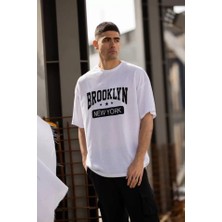 Unisex Bisiklet Yaka Baskılı Oversize T-Shirt - Beyaz