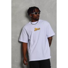Unisex Bisiklet Yaka Baskılı Oversize T-Shirt - Beyaz