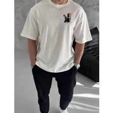 Unisex Bisiklet Yaka Baskılı Oversize T-Shirt - Beyaz