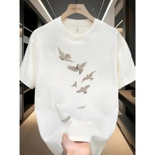 Baskılı Oversize Bisiklet Yaka T-Shirt - Beyaz