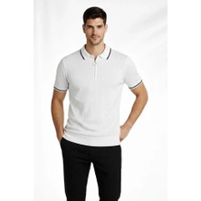 Erkek Fermuarlı Yaka Fitilli Triko Kısa Kollu Regular Fit Tişört T-Shirt - Beyaz