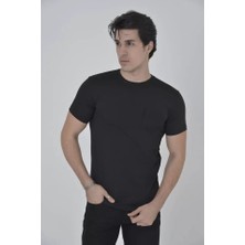 Erkek File Cepli Slim Fit T-Shirt - Siyah