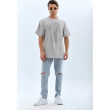 Unisex Oversize Taşlı Bisiklet Yaka T-Shirt - Gri