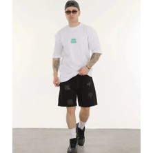 Unisex Bisiklet Yaka Baskılı Oversize T-Shirt - Beyaz