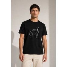 Erkek Köpek Figürlü Minimal Baskılı Tişört Kısa Kol Yazlık T-Shirt - Siyah