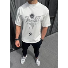 Unisex Bisiklet Yaka Baskılı Oversize T-Shirt - Beyaz