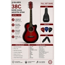 Valares 38C Kesik Kasa Kırmızı Akustik Gitar 38 Inç 4/4 Sap Ayarlı Cutaway + Çanta Askı Pena Hediyeli Üst Segment