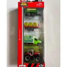 Mavi Su Dünyası Mini Work Özel Üretim Kırmızı Iş Makinaları Metal Traktör Seti 4 Parçalı Set 8 cm Arabalar
