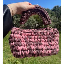 Eranura El Yapımı Örgü Kahverengi Pembe Kadın El Çantası