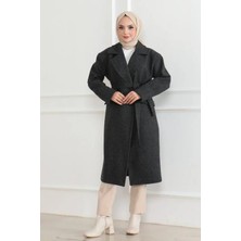 Trend Cojans Kaşe Kaban Uzun Boy 115 cm Kruvaze Yaka Kuşaklı Astarlı Tesettür Kaban Yünlü - Siyah