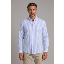 Bisse Mavi Regular Fit Pamuk Keten Uzun Monti Gömlek GMKTN250008_D35